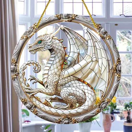 Window Hanging Pendant with Lanyard Realistic Dragon Printing Round Shape Sun Catcher Home Office Garden Decoration Panel Pendant