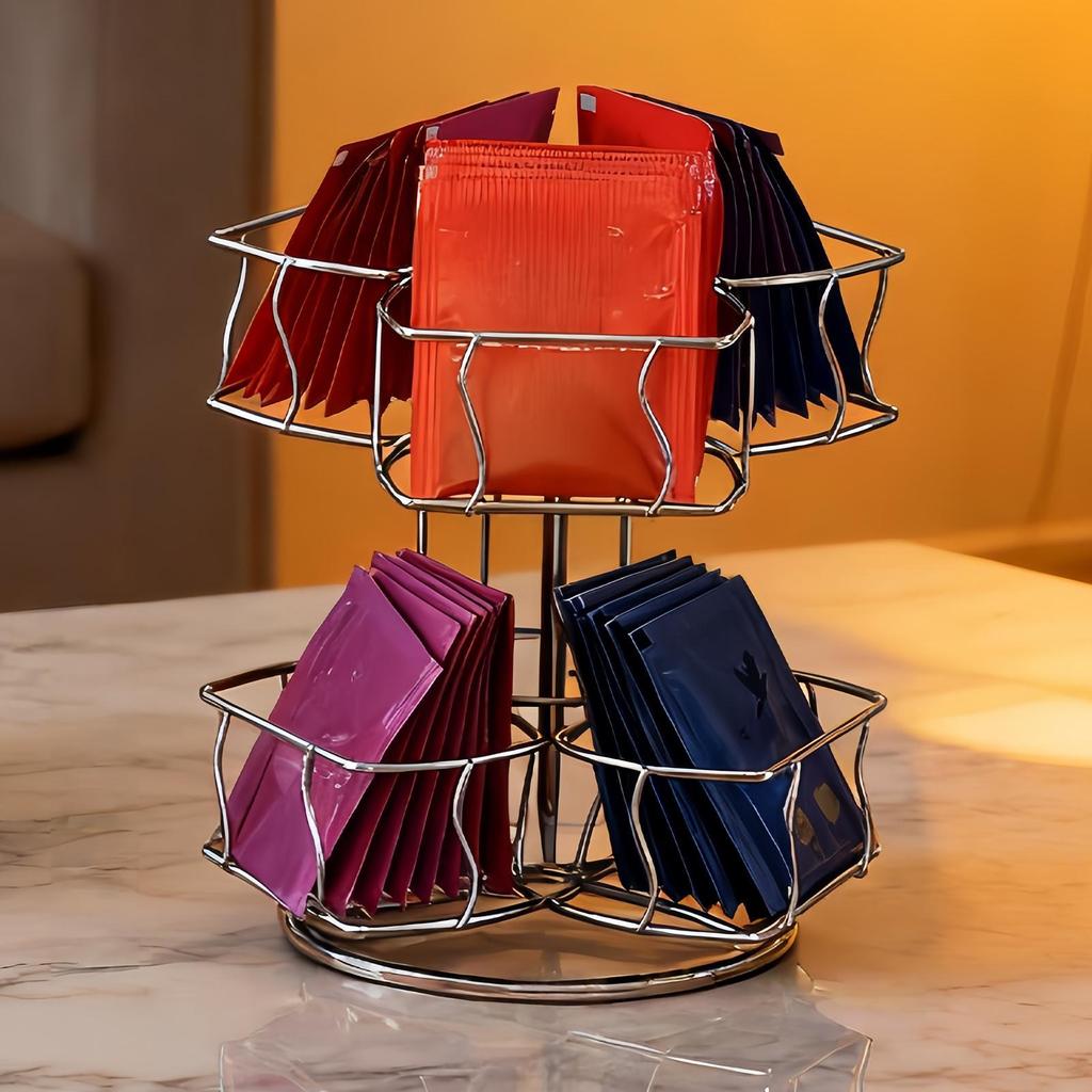 Tea Holder Organizer 2-Tier Rotating 6-Compartment Countertop Storage Creamer Sugar Teabag Basket Container for Home Office