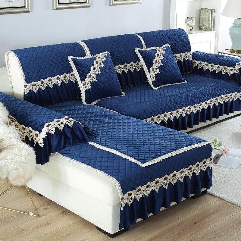Европейский плюшевый чехол для дивана, роскошная вышивка, кружевное полотенце на спинку дивана, нескользящее диванное полотенце для гостиной, L-образные чехлы для диванов
