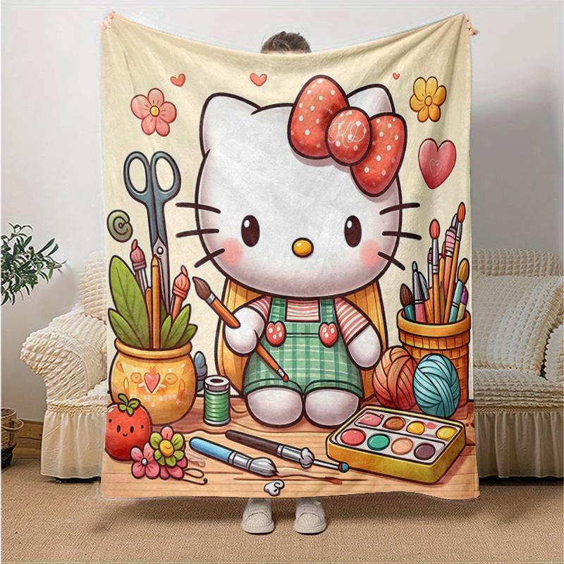 1pc Hello Kitty's Artistic Haven Cartoon Blanket, Soft Throw for Home Decor, Gift Idea, Living Room, Travel, Camping, Car Blankets, Beach, Office Naps