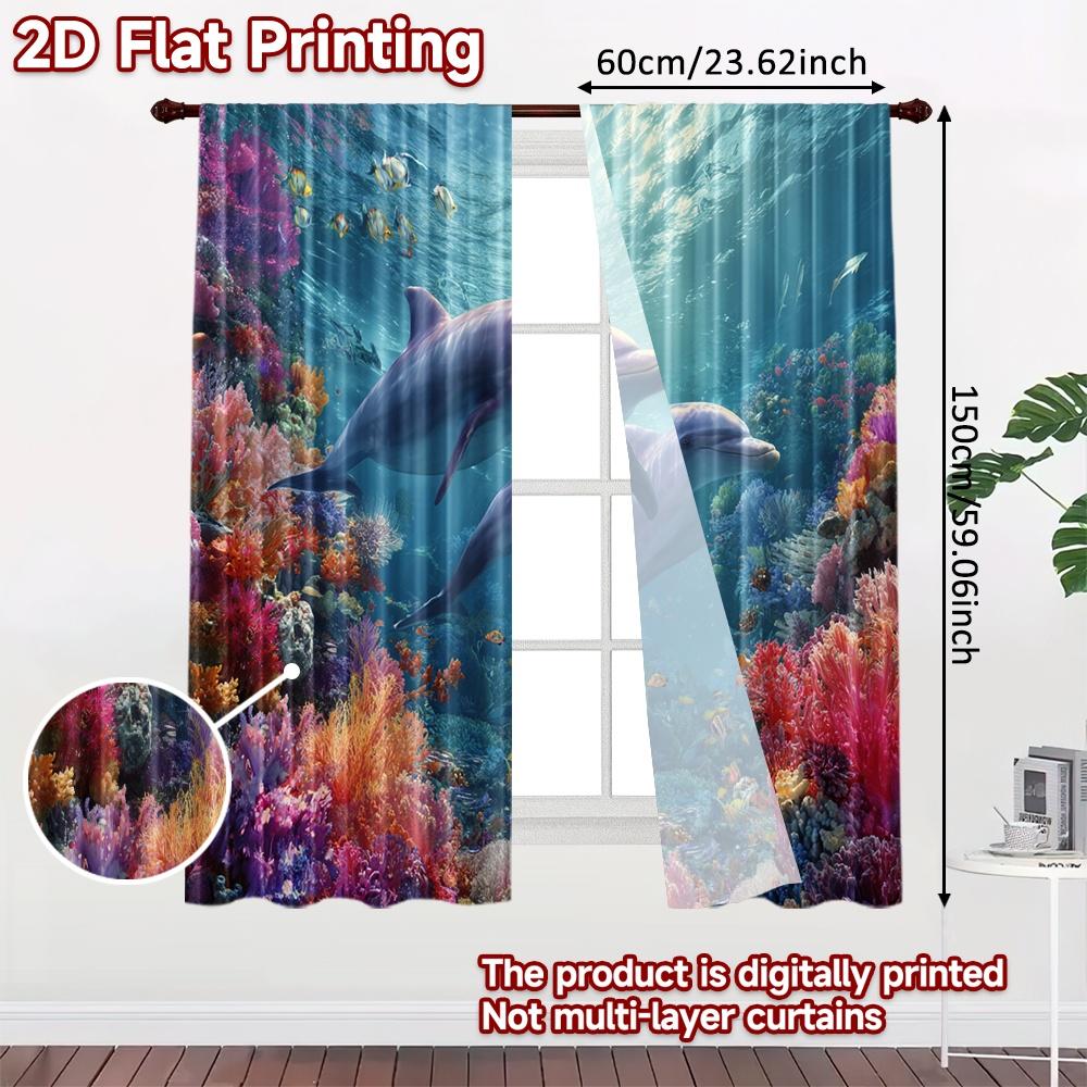 2pcs, 2D FLAT PRINTING Curtains (Without Rod) Ocean Harmony(4) Digital Printing On Holiday Curtains Yarn Curtains Decorations