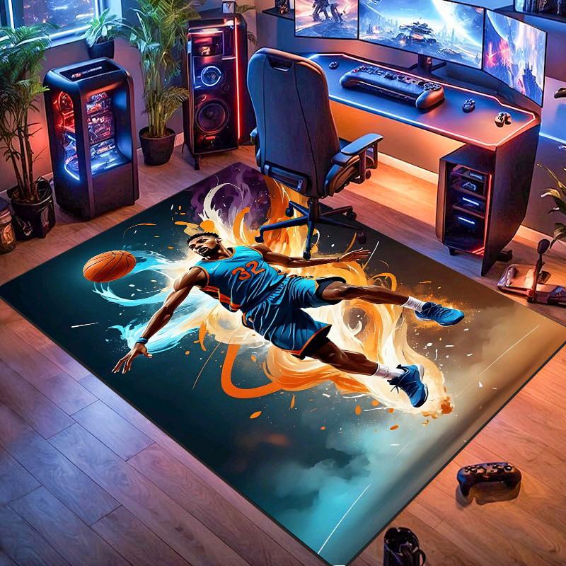 Basketball Player Dynamic Art Print Area Rug Sports Fan Non‑Slip Rectangular Floor Mat for Gaming Room Living Bedroom Home Decor