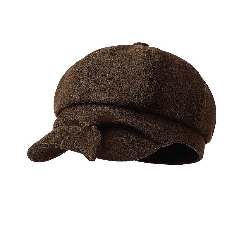 Solid color bow, suede, octagonal hat, women's autumn and winter versatile casual face painter newsboy hat