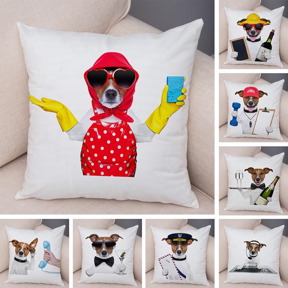 Funny Jack Russell Terrier Cushion Cover Cartoon Dog Wearing Hat Sunglasses Print Soft Living Room Sofa Home Decor Pillow Case