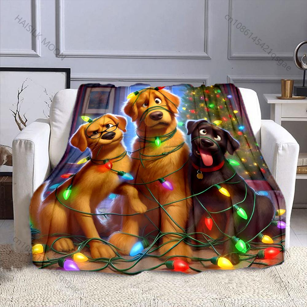 Christmas Lights and Festive Dogs Pattern Blanket Flannel Material Soft Warm for All Seasons Home Outdoor Camping Picnics RV