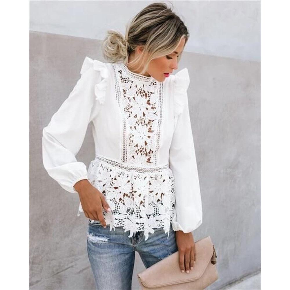 Women Boho Long Sleeve Floral Lace White Tops Blouses Hollow Back Summer Beach Elegant Shirt Harajuku Femme Clothes Party Tops