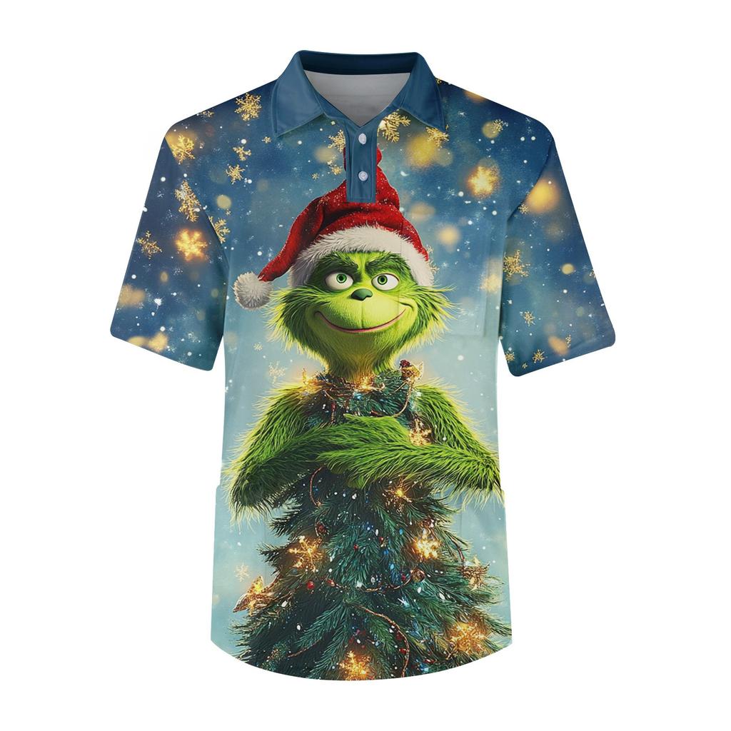 Men's Short Sleeve Button Lapel Christmas Print Chest Pocket Dry-nurse Top