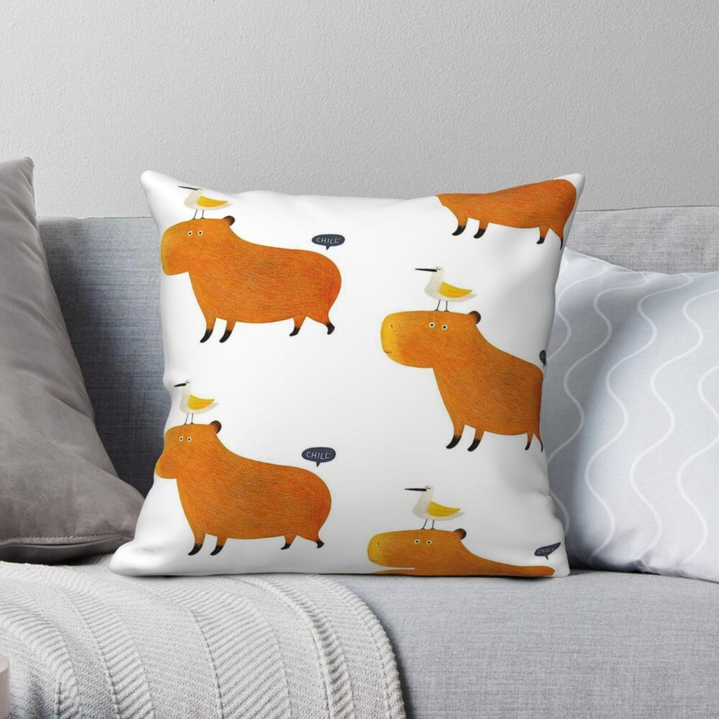 Capybara Little Buddy Bird Square Pillowcase Polyester Linen Velvet Printed Zip Decorative Sofa Cushion Cover