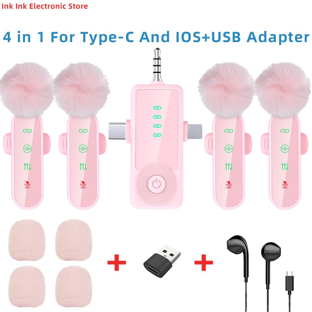 Pink 1 in 4 Lavalier Microphone Noise Cancelling Wireless With Wind Muff Lapel Mic For iPhone Android Camera 4 Pack LED Display 6