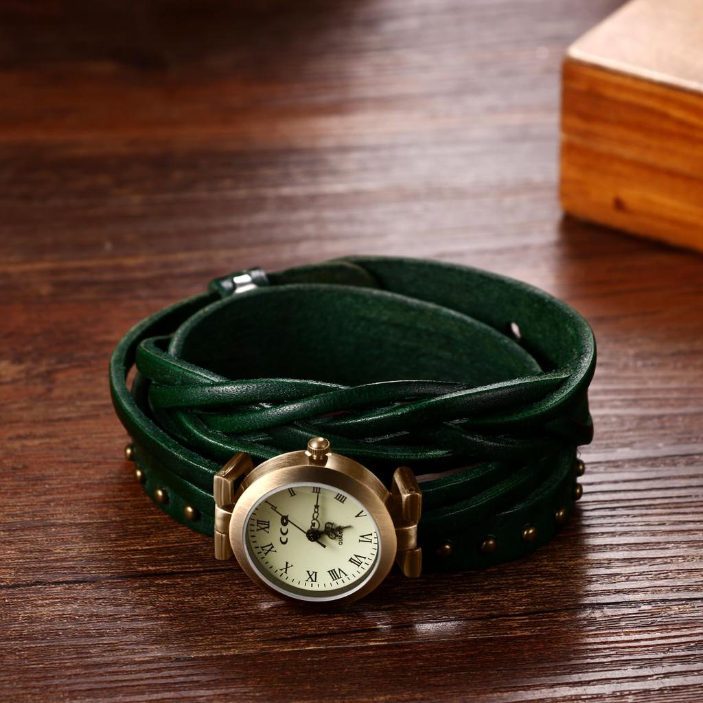 Ремешок из натуральной кожи Готический Римские цифры Ретро Аналоговый Панк Кварцевый Регулируемый Стильный Дизайн Подарок на Хэллоуин Женские часы с циферблатом, обернутым заклепками,