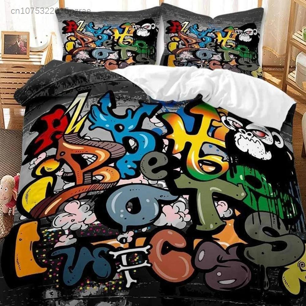 3D Colourful Street Graffiti Printed Duvet Cover Set 2 Pieces, Microfiber Bedding Set Zipper, Quilt Cover With 1 Pillowcases