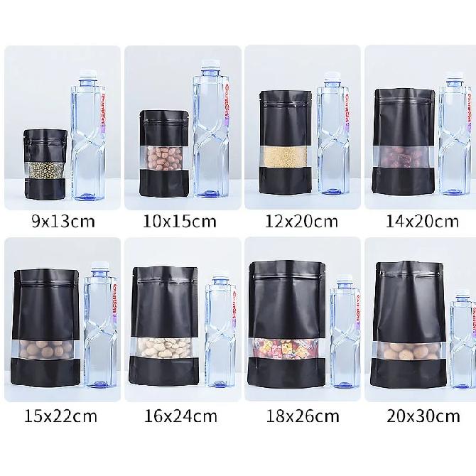 Matte Black Front Frosted Window Stand Up Ziplock Mylar Coffee Tea Dry Nut Food Packaging Custom Digital Printing Bag