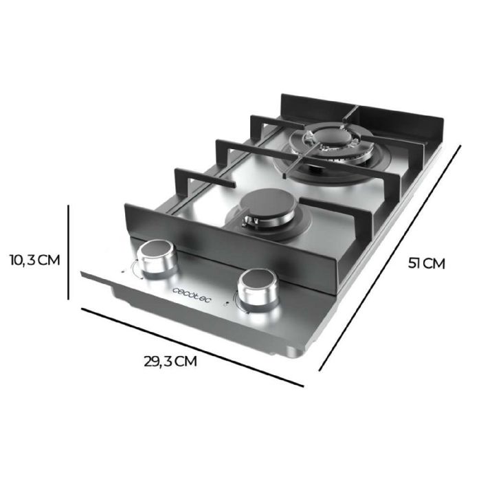 Cecotec Plaque de gaz 2 feux Bolero Squad G 2400F Inox 52kW Acier inoxydable Grilles fonte Brûleur WOK
