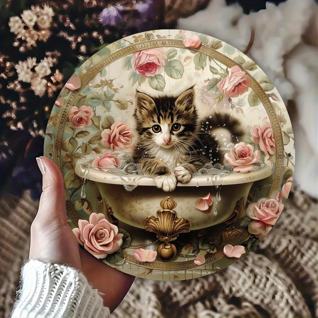 D Flat pc Vintage Kitten Roses Metal Wall Art Cute Tabby Cat in Bath with Pink Roses Rustproof Aluminum Sign for Indoor