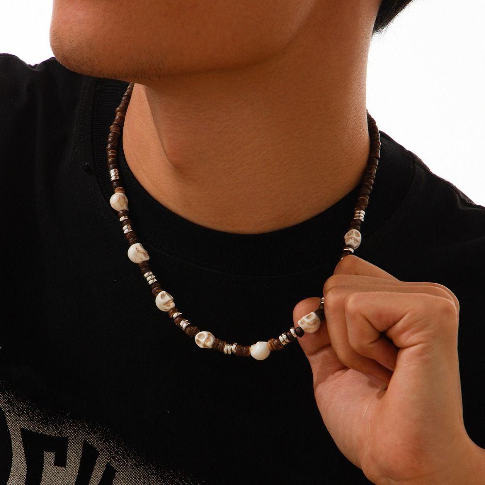 Gothic Skull Beaded Necklace Boho Wooden Choker Vintage Coconut Shell Necklace Party