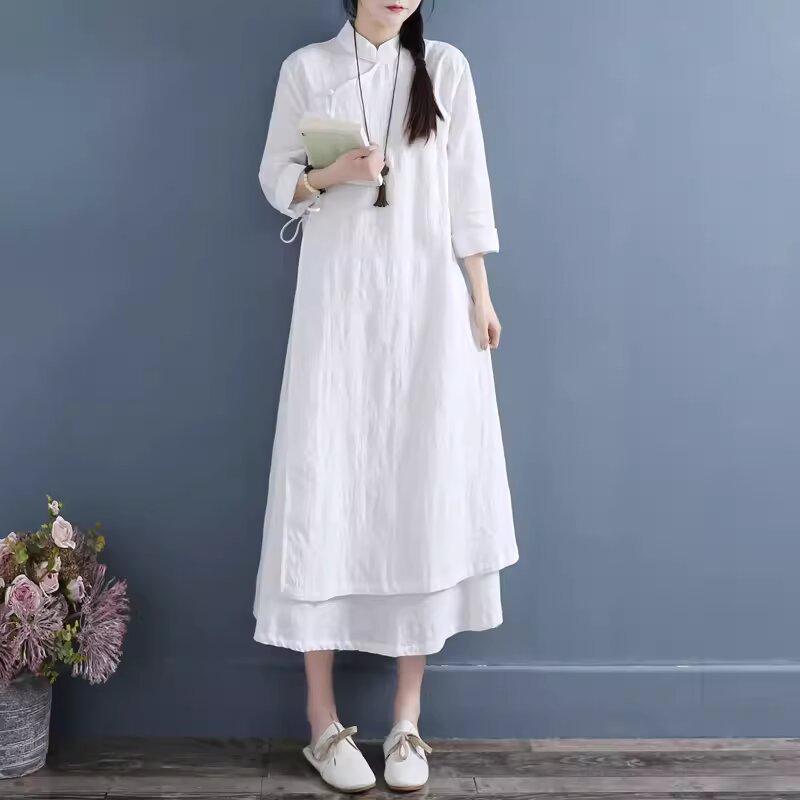 Весна Осень Женские Платья Vestidos Robe Elbise Свободное Длинное Платье Большого Размера Из Хлопка И Льна Двухслойное