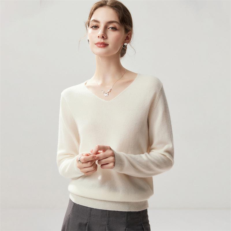 Женский кашемировый пуловер Lekasha с V-образным вырезом из шерсти козы: Базовый слой на осень/зиму, однотонный, свободного кроя.