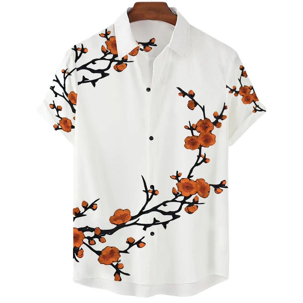 Japanese Aesthetic Cherry Blossom Print Men's Shirt Fashionable Luxury Lapel Button-down Shirt Casual Short-sleeved Tops