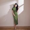 Green national style Chinese long cheongsam improved young 1011 new women's retro slim short sleeves can be worn daily