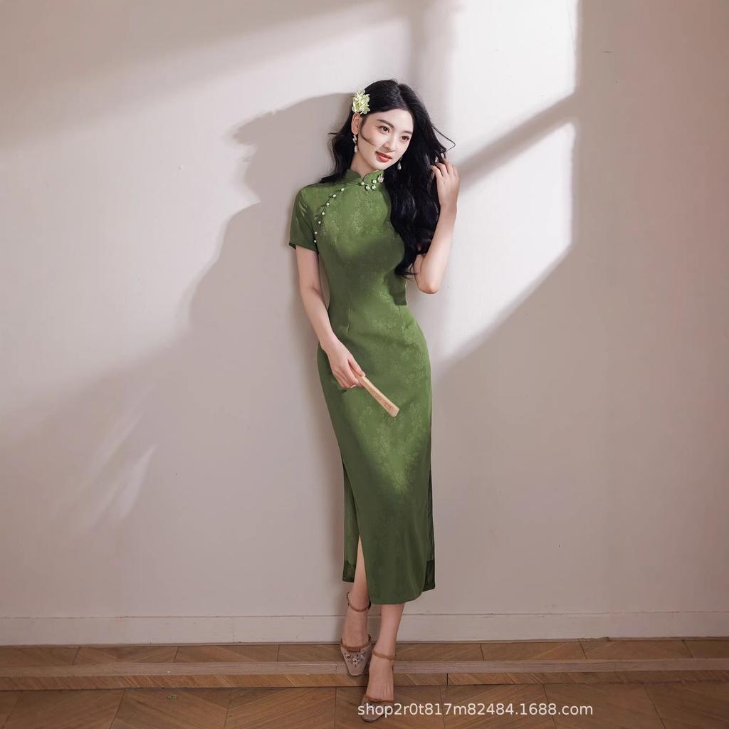 Green national style Chinese long cheongsam improved young 1011 new women's retro slim short sleeves can be worn daily