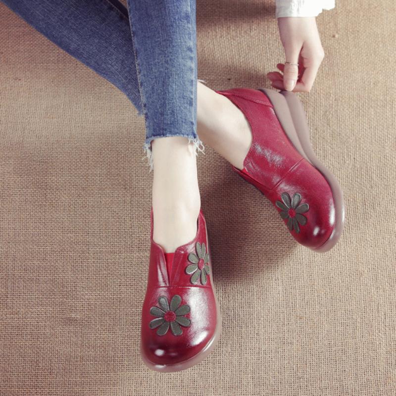 Johnature Женские туфли-лодочки из натуральной кожи с круглым носком в стиле ретро, ​​женская обувь на танкетке с мягкой подошвой и цветочным принтом в этническом стиле