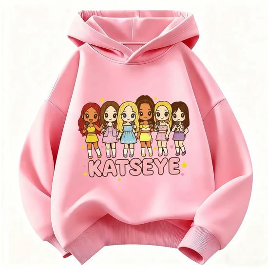 Детская толстовка с капюшоном KATSEYE с мультяшным персонажем, толстовка с длинным рукавом и капюшоном для девочек, пуловер с групповым принтом, повседневные уличные топы для детей
