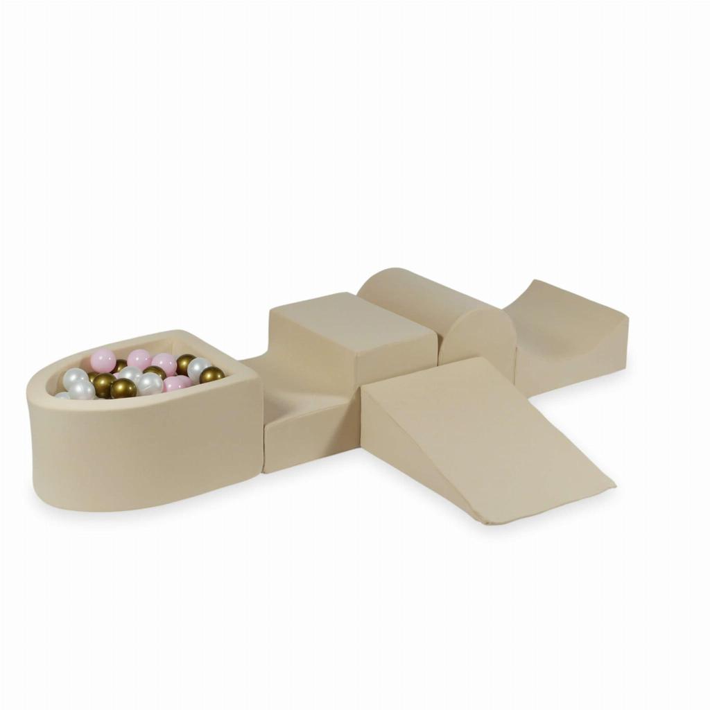 Foam playground with hill and pool, micro beige + 100 balls: pearl, light pink, old gold