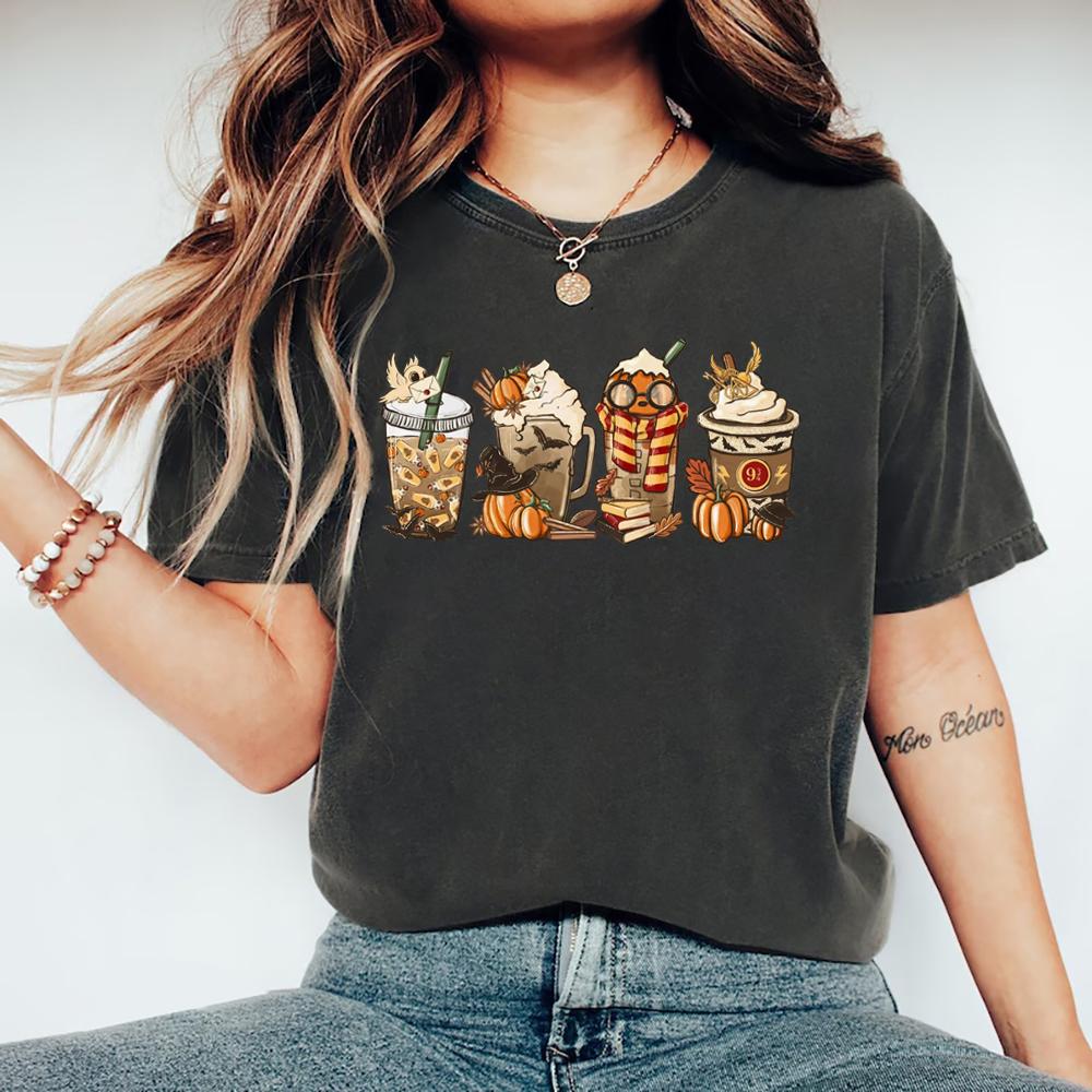 Magic Halloween TShirt Vintage Fall Coffee T Shirt Pumpkin Spice Latte Tshirt Casual Short Sleeve Women TShirts Wizard Tops