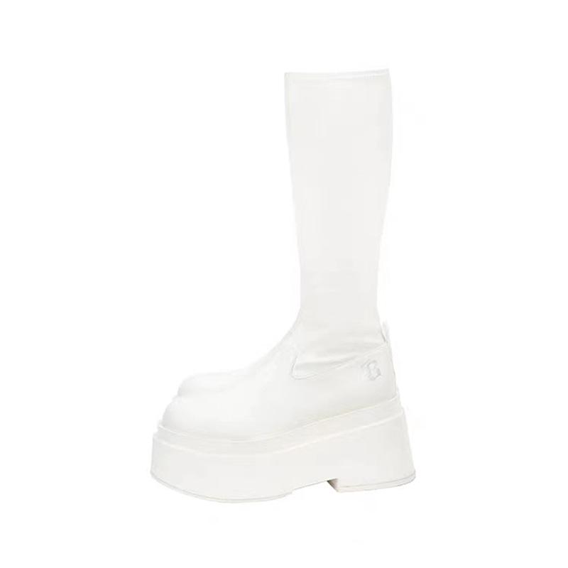 Ботинки Женские Весенне-летние Новые Круглый Носок Толстая Подошва Эластичные Узкие Миллениум Спайс Герлз Высокие Ботинки