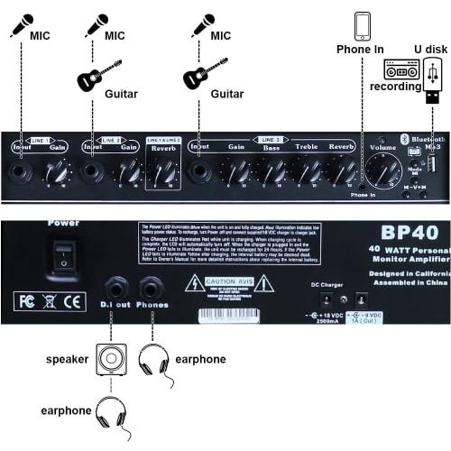 Coolmusic Battery Powered Acoustic Amplifier, Bluetooth Enabled, Compact and Lightweight Design, 40W High Output, 3 Channels, 2-Band EQ, Black