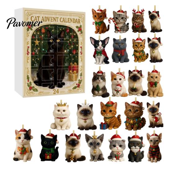 Cute Cat Decorations 24 Day Advent Calendar with Acrylic Christmas Ornaments, 2D Flat Holiday Home Decoration Hanging Decorations, Xmas Tree