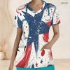 Women Plus Size Nurse Scrub Top V Neck Short Sleeve Star Printed Red White Blue With Front Pockets