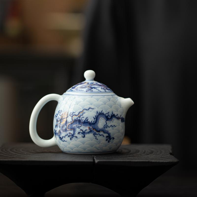 Чайник с синим и белым драконом, инкрустированный металлом, одинарный, керамический, фарфоровый, китайский, с драконом кунг-фу, для приготовления чая пуэр