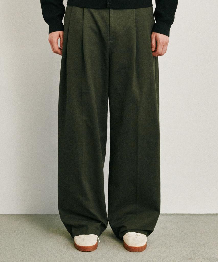 GLW Wide Double-Pleat Cotton Pants Khaki