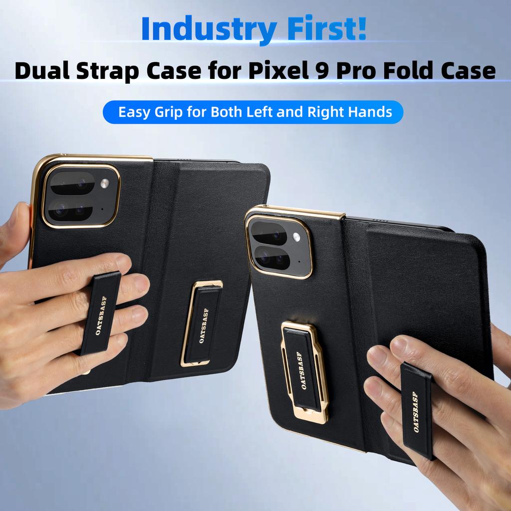 Чехол Eary для Google Pixel 9 Pro Fold Phone с двойным ремешком на запястье, кожаный чехол, поворотная подставка на 360°, ударопрочный протектор, полное покрытие
