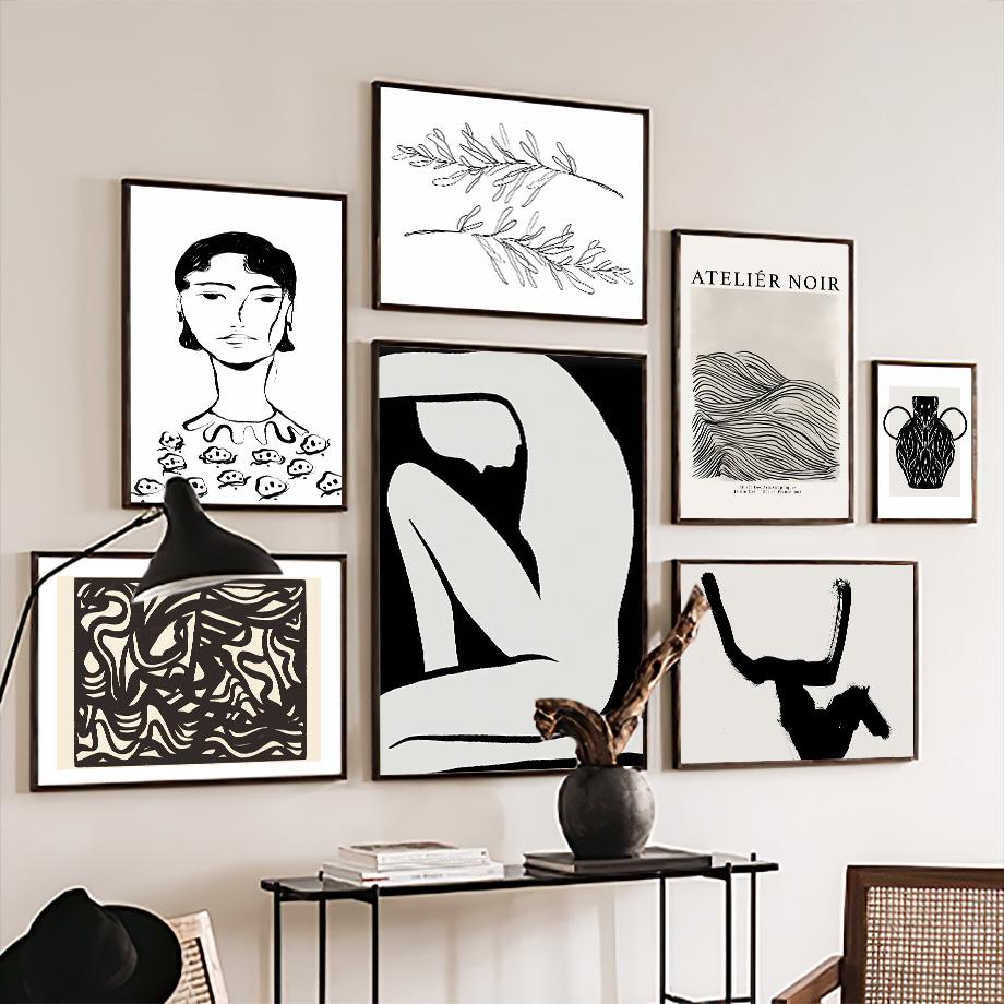 Абстрактная богемная линия, женская ваза с листьями, цветы, плакаты середины века, холст, картина, настенная живопись, печать, картина для гостиной, домашний декор