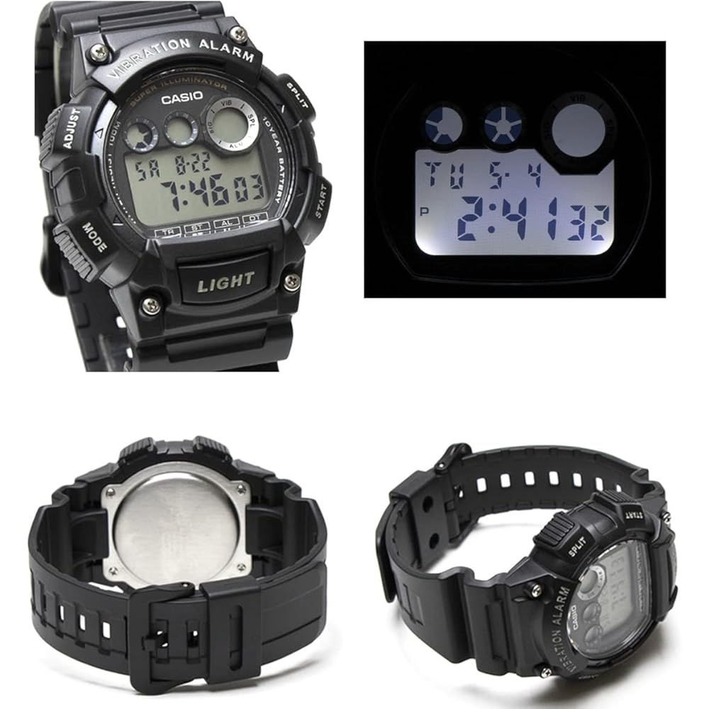 Casio Цифровые часы с будильником по вибрации CASIO W735H-1A Детские часы (Учащиеся начальной/средней школы, Мужские) с секундомером, водонепроницаемый, вибрационный будильник,
