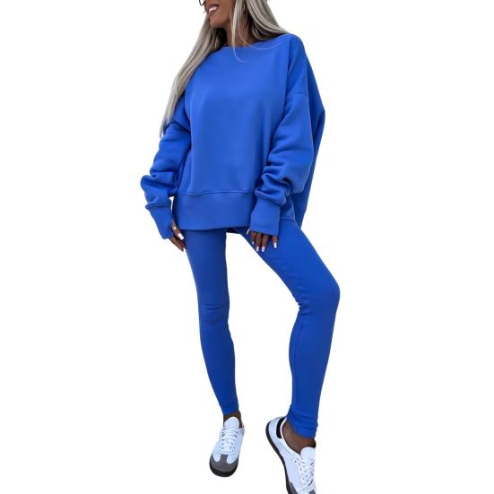 2 шт./комплект женский топ брюки костюм круглый вырез длинный рукав асимметричный подол толстовка эластичный пояс однотонные брюки зимний повседневный спортивный костюм