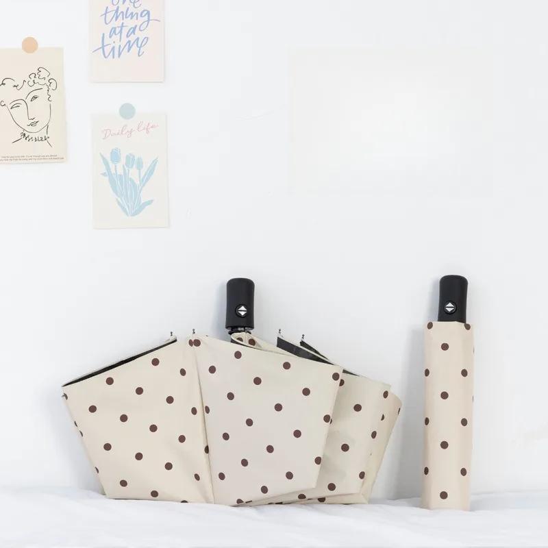Stylish Polka Dot Auto-Folding Umbrella UPF 50+ Black Coated Sun & Rain Protection Compact Travel Umbrella