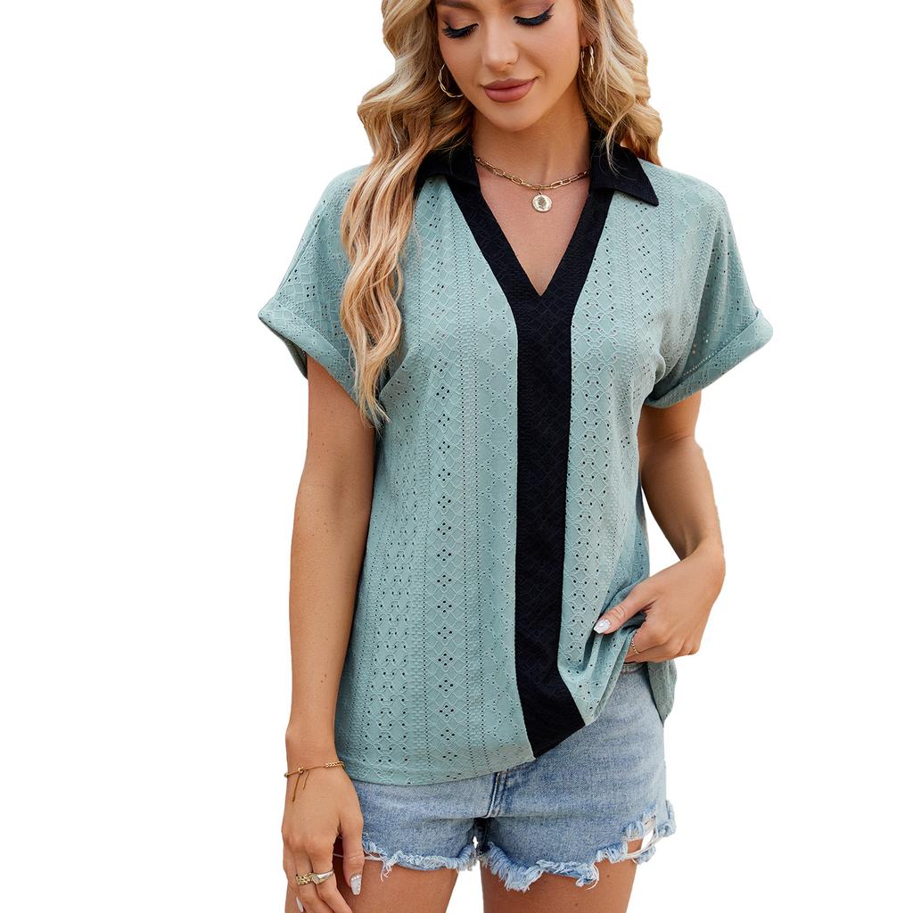 2026 Spring/Summer New V-neck Contrast Color Short Sleeve Loose T-shirt Women's Casual Top