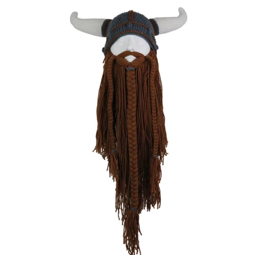 Warm Beanie Bearded Funny Caps Hand Weave Big Beard Mask Hat Viking Horn Hat Costume Accessory
