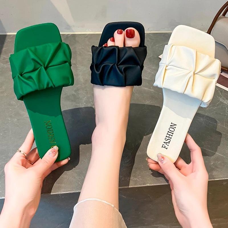 Summer Slippers for Women Flip Flops Flats 2024 New Pleated Korean Slippers Women Sandals Green Slip On Shoes Big Size 35-42
