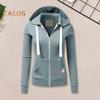 Fall Winter Women Jacket Drawstring Hooded Zip-up Long Sleeves Pure Color Slim Fit Elastic Cuff Cardigan Pockets Sport Fitness Coat