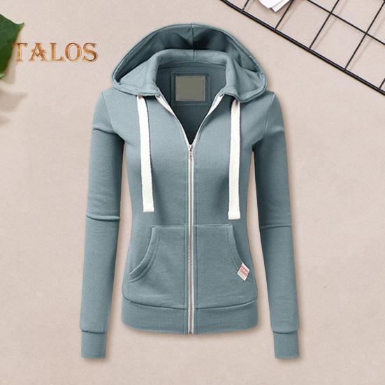 Fall Winter Women Jacket Drawstring Hooded Zip-up Long Sleeves Pure Color Slim Fit Elastic Cuff Cardigan Pockets Sport Fitness Coat