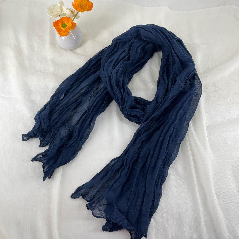 Autumn and Winter Warm Pure Color Wrinkled Cotton and Linen Scarf Artistic Versatile Pleated Scarf for Women