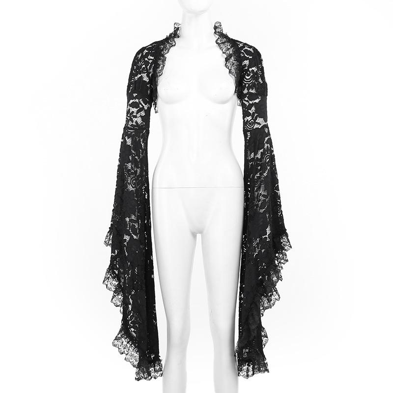 Gothic Classic Lace Cover Ups Women Mesh Crop Top See Through Sexy Flare Sleeve Blouse Y2k Black Rave Outfit Festival