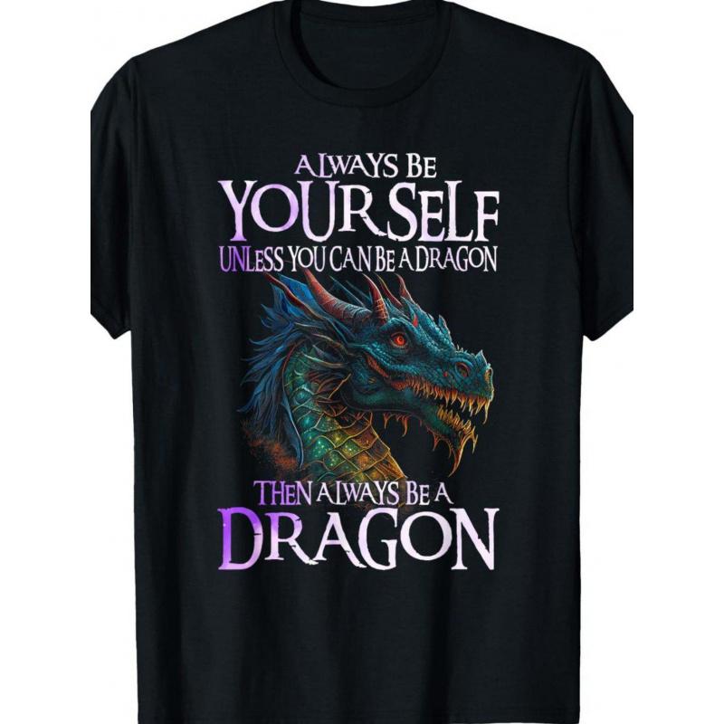 1pcMen'S Dragon Graphic T-Shirt - "Always Be Yourself Unless Become a Dragon" Motivational Quote - with Purple & Dragon Design - Loose Fit Casual Tee