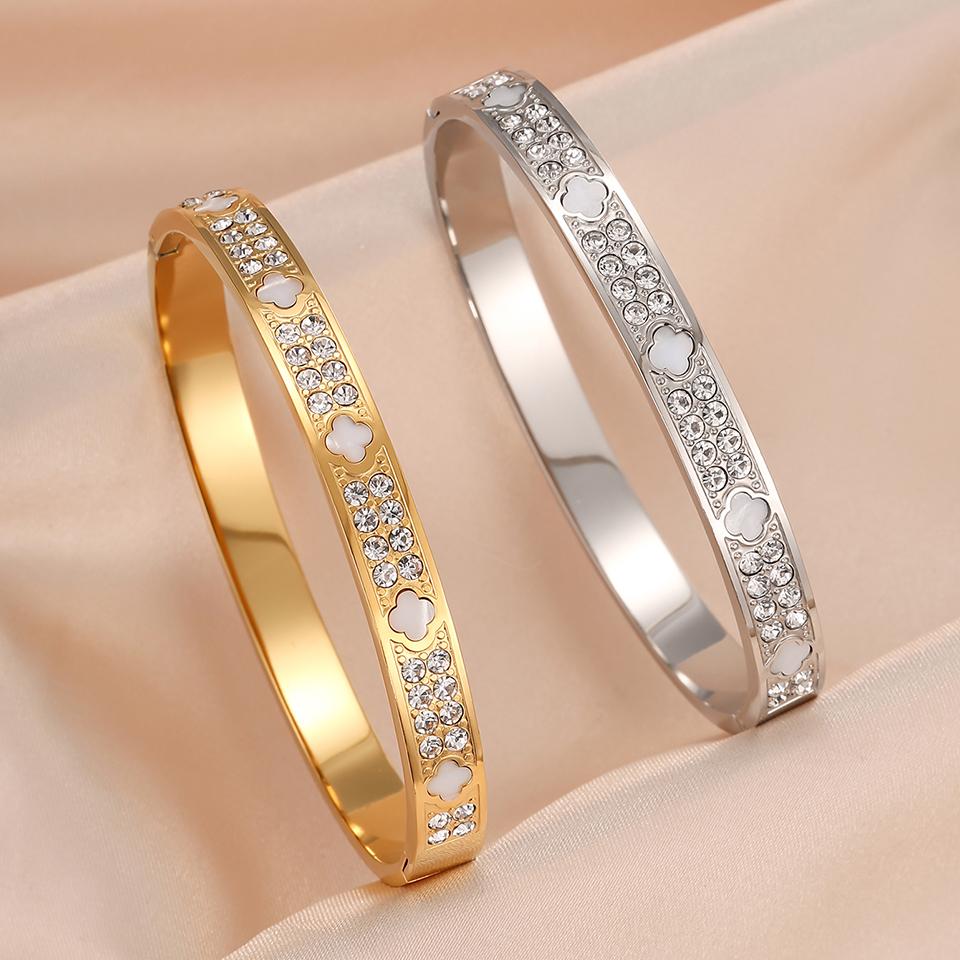 Htpwe Stainless Steel Four-leaf Clover Shell Inlaid Zirconium Bracelet Women's Plated 18k Gold Couple Holiday Bracelet Zircon