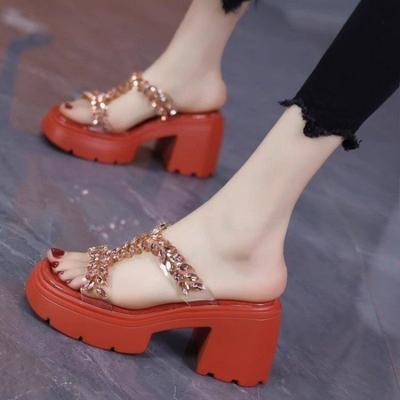 Модная обувь женская 2025 лето новая женская платформа шлепанцы уличные хрустальные массивные каблуки сандалии для повседневной носки с открытым носком шлепанцы для платья