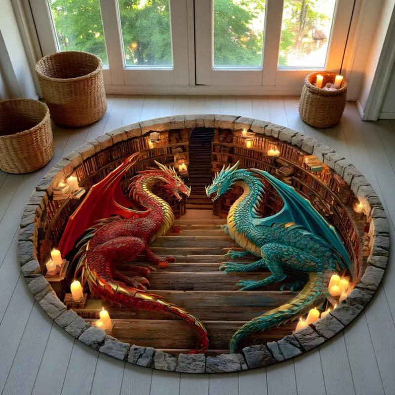 Круглые ковры Dragon Book 3D Книжная библиотека Фэнтезийный ковер Мифическое существо Домашний декор Подарок для любителей драконов Любитель драконов Книжный декор